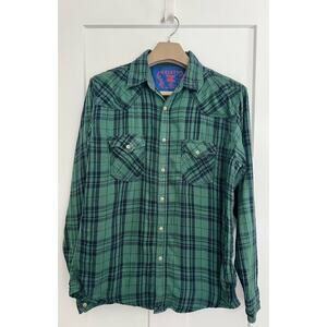 Twenty X Flannel Shirt Blue Green SIZE XL Long Sleeve Pearl Snap 100% Cotton